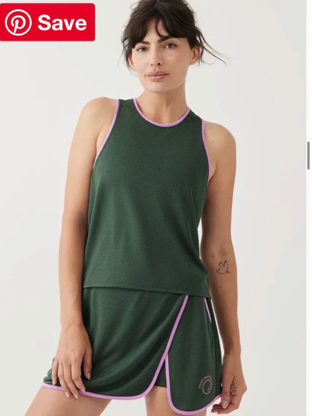 Outdoor Voices Dark Green Mesh Tank & Skirt with Pink Trim